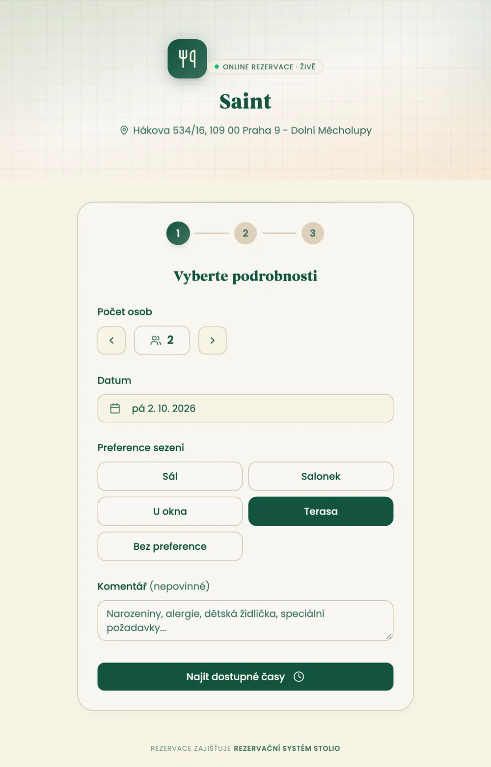 Rezervační stránka restaurace pro hosty: počet osob, datum a výběr místa k sezení