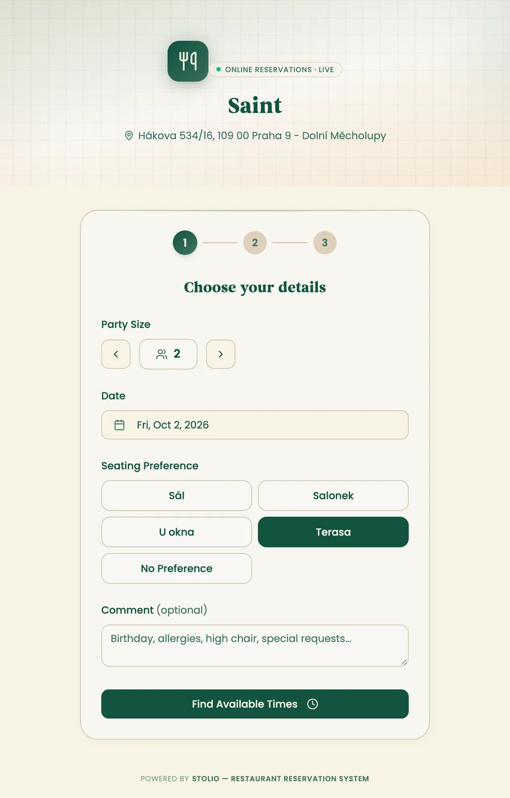 A restaurant's booking page for guests: party size, date and seating choice