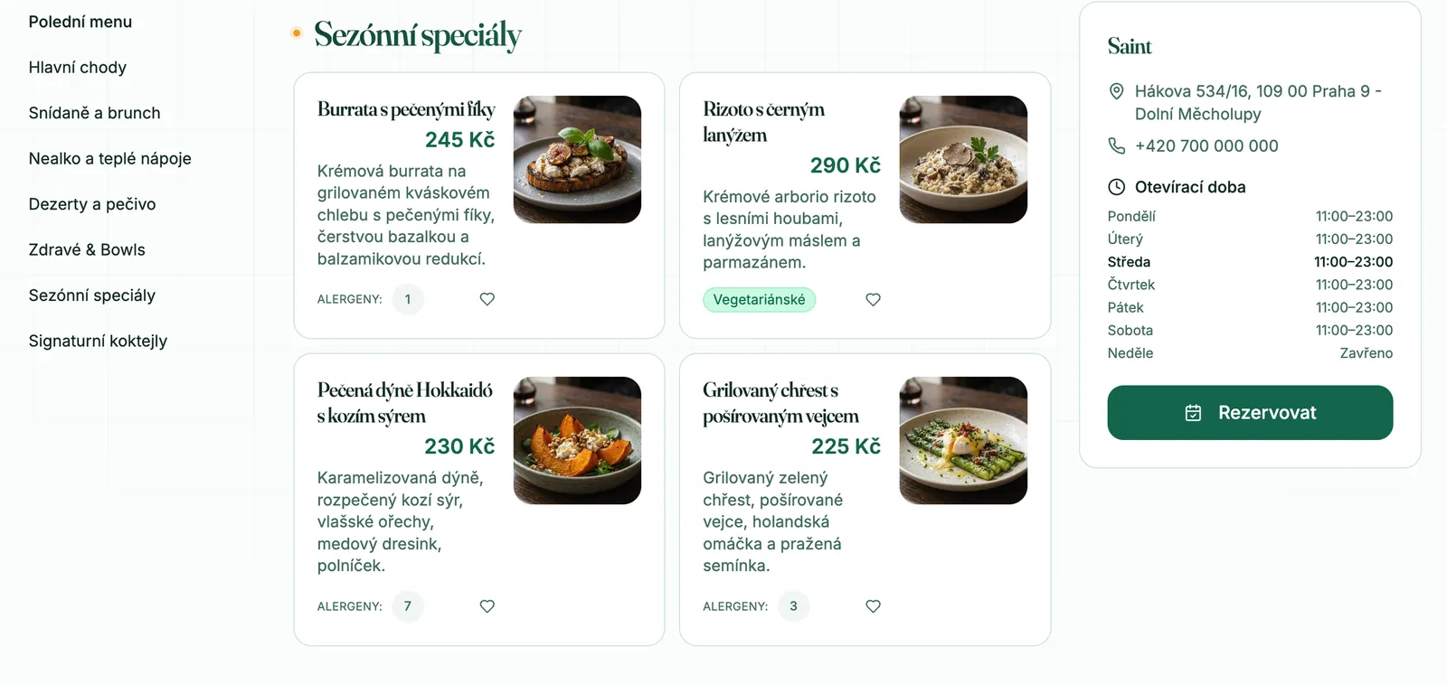 Digitální menu restaurace: sezónní speciály s fotkami, cenami a alergeny, vpravo otevírací doba a tlačítko „Rezervovat“