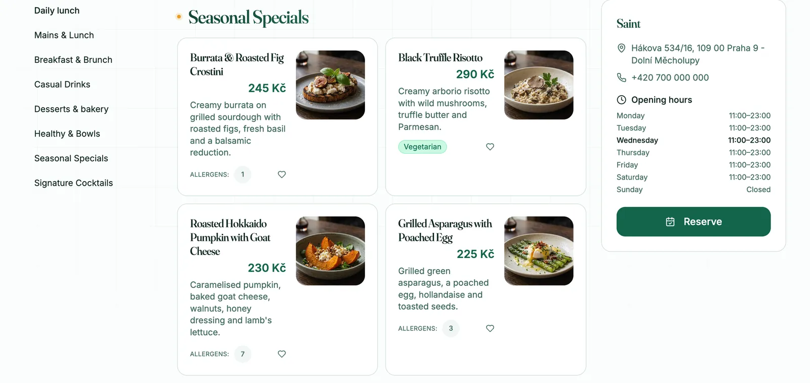A restaurant's digital menu: seasonal specials with photos, prices and allergens, with opening hours and a “Reserve” button on the right