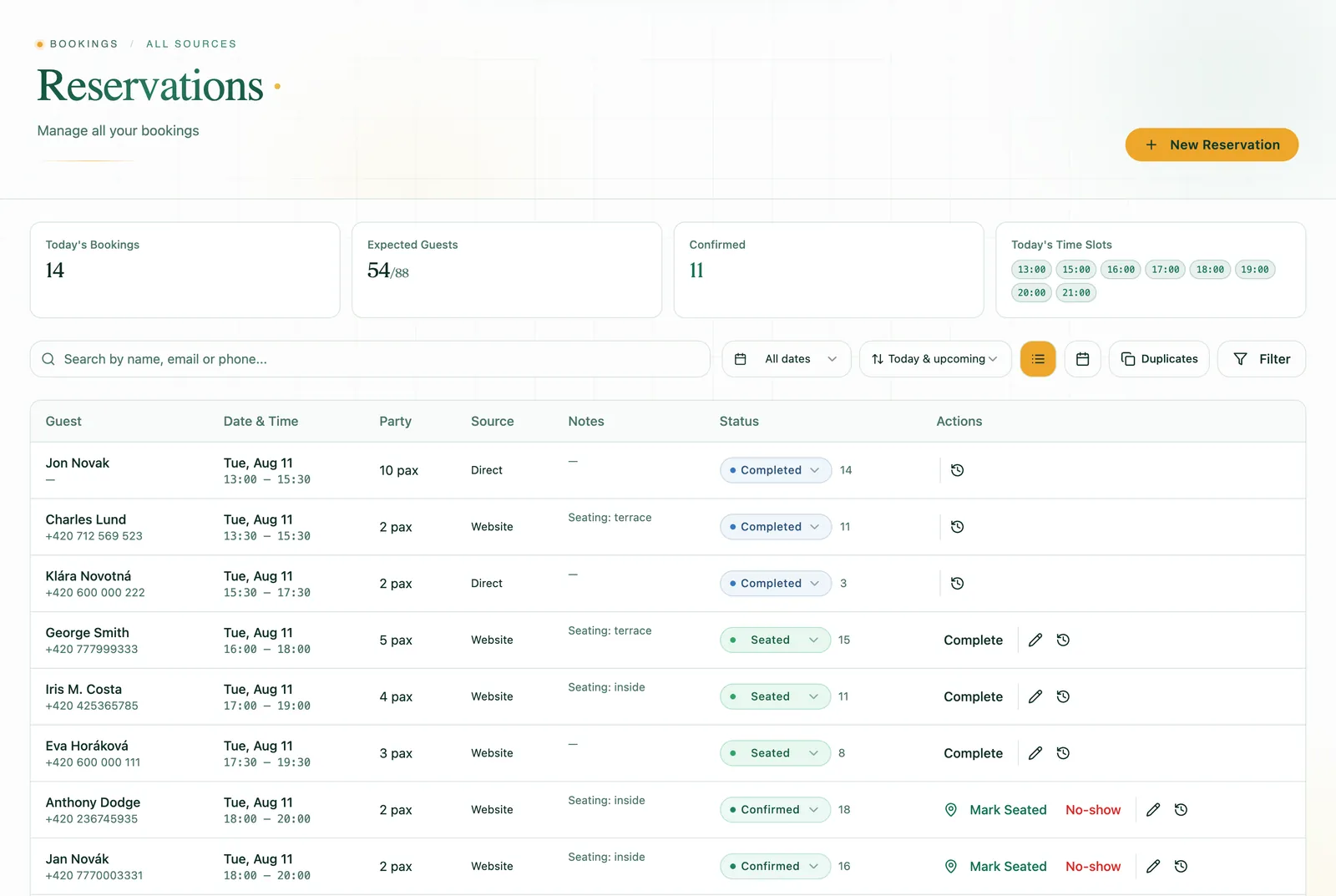 Stolio reservation list: bookings marked Completed, Seated and Confirmed