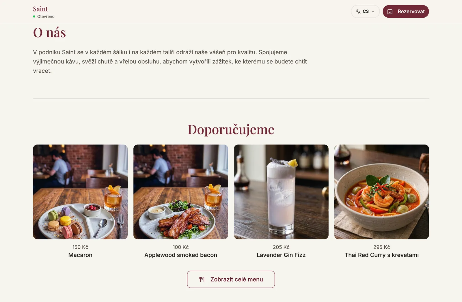 Web restaurace na stolio.cz/w/…: sekce „O nás“, doporučená jídla a tlačítko „Rezervovat“