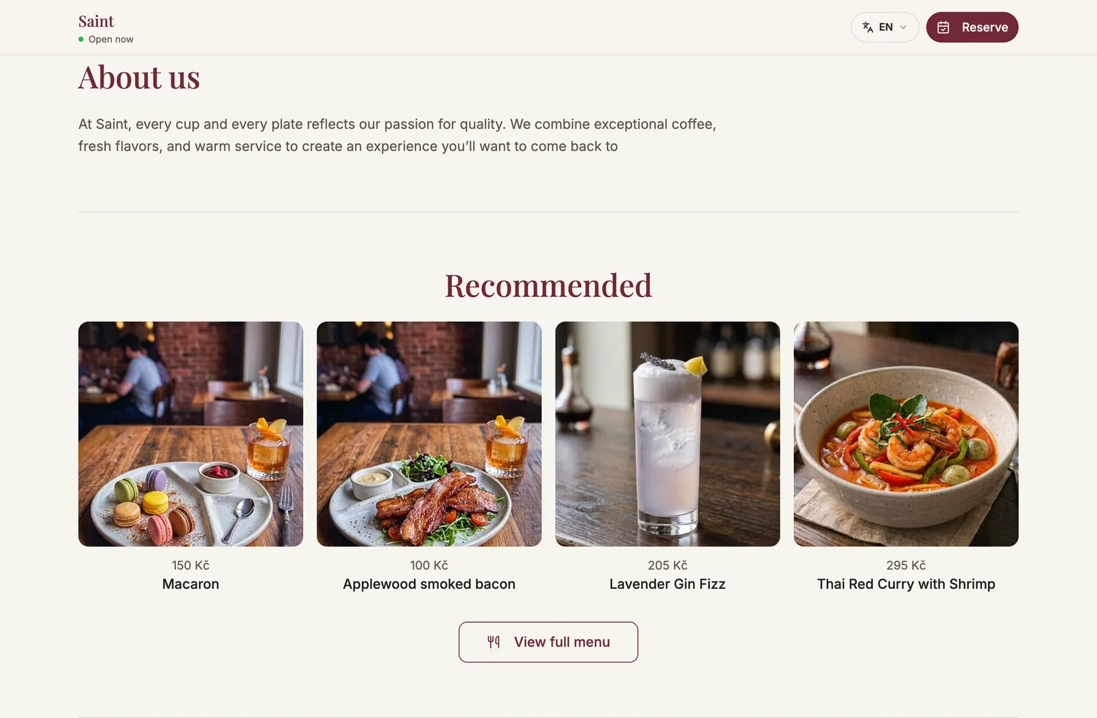 Restaurant website on stolio.cz/w/…: “About us”, recommended dishes and a “Reserve” button